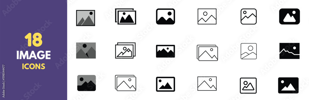 Fototapete A collection of 18 minimalist photo and image icons in black outline style. Perfect for user interfaces, websites, and app design. Features various representations of picture placeholders and gallery.