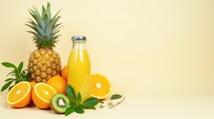 Refreshing Tropical Fruit Juice in a Glass Bottle with Pineapple and Oranges