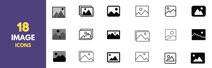 A collection of 18 minimalist photo and image icons in black outline style. Perfect for user interfaces, websites, and app design. Features various representations of picture placeholders and gallery.