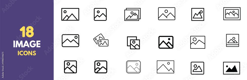 Poster A collection of 18 minimalist photo and image icons in black outline style. Perfect for user interfaces, websites, and app design. Features various representations of picture placeholders and gallery.