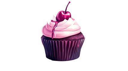 pink cupcake isolated on white, A cartoon style cupcake with and a cherry