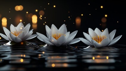 Three white water lilies floating on dark water with glowing lights.