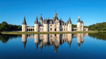 Obraz premium A majestic castle with white and gray stones stands proudly by a serene lake, its black rooftops and towers casting reflections on the tranquil waters below