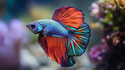 A stunning betta fish with vibrant colors swimming in an aquarium.