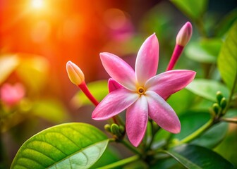 Fototapeta premium Delicate Pink Cayenne Jasmine Flower Blossom Close-up with Copy Space