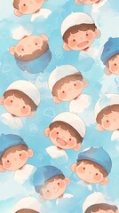 Cute Cartoon Boys in Hats and Scarves on Blue Sky Background