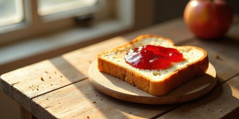 A slice of toasted bread with a generous helping of red fruit spread, resting on a rustic wooden surface bathed in sunlight near a window.
