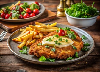Fototapeta premium Delicious Chicken Schnitzel Dinner: Cheese, Fries & Salad on Rustic Wood