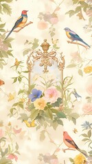 Elegant Floral Wallpaper with Birds and Ornate Frame