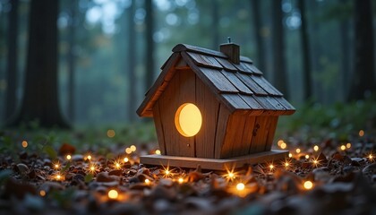 Charming Wooden Birdhouse Illuminated by Warm Light in a Dark Forest