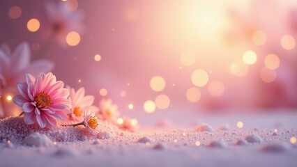 Delicate Pink Flowers Resting on a Soft, Sparkling Surface with a Dreamy, Golden Hour Backdrop