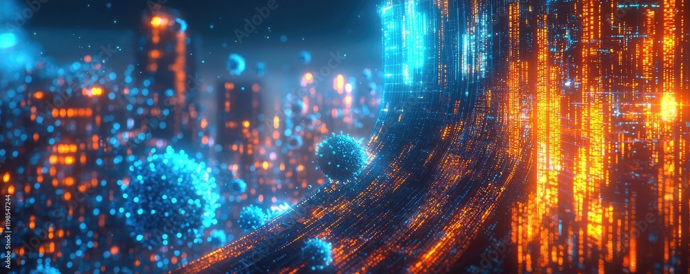 Poster dust pollution idea. futuristic cityscape with bright lights and digital elements creating a vibrant