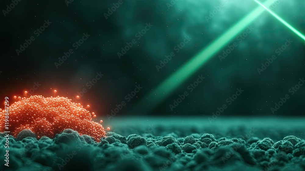 Poster dust pollution concept. microscopic view of a biological cell illuminated by glowing light rays.