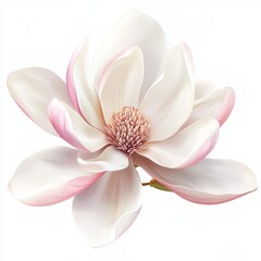 Naklejka premium Single white magnolia blossom with pink undertones, isolated on white background.