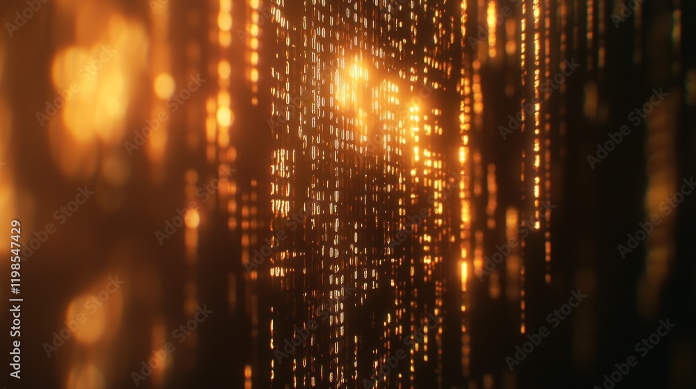 Poster abstract digital rain: golden binary code cascade