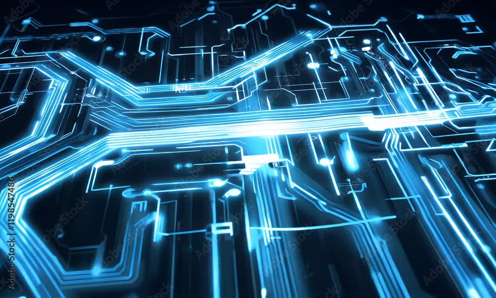 Poster a futuristic digital circuit board glowing with blue light, representing advanced technology, data f