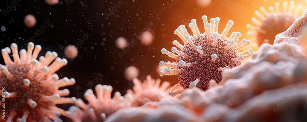 Poster dust pollution concept. microscopic view of viruses highlighting their structure and intricate detai