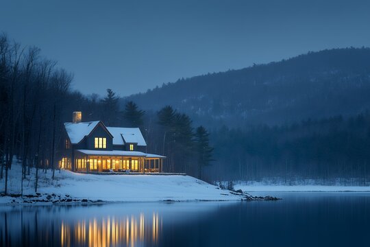 A cozy lakeside cabin glows warmly against the backdrop of a snow-covered winter landscape at dusk.