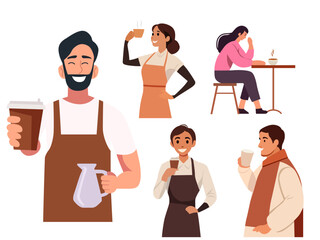 barista preparing making professional coffee different people cartoon character drinking hot drink illustration clipart