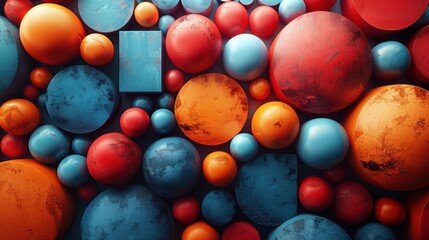 Abstract 3D Render Colorful Geometric Shapes Orange Blue Red Spheres and Cylinders