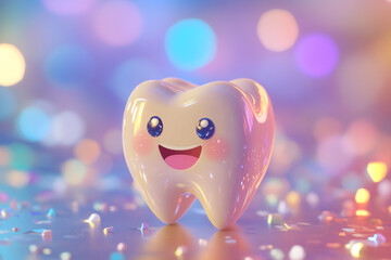 Cute tooth character smiling on a colorful background with bokeh lights, in a cartoon style