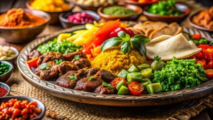 Delicious Ethiopian Food Platter with Injera Bread and Wat Bokeh Photography