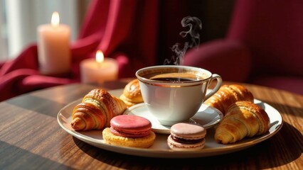 Fototapeta premium Warm Morning Delights Aromatic Coffee Steaming Beside Sweet Pastries and Gentle Candlelight