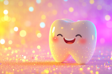 Cute tooth character smiling on a colorful background with bokeh lights, in a cartoon style