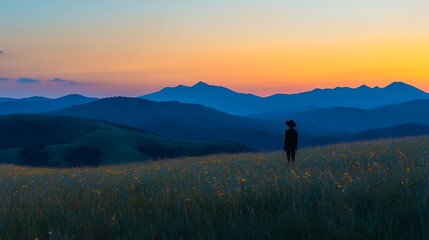 A person silhouetted against a vibrant sunset over rolling mountains.  The scene is peaceful and serene.