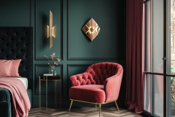 Elegant bedroom design modern interior pink and dark green color scheme