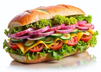 Delicious Fresh Submarine Sandwich with Ham, Cheese & Veggies - Isolated on White Background