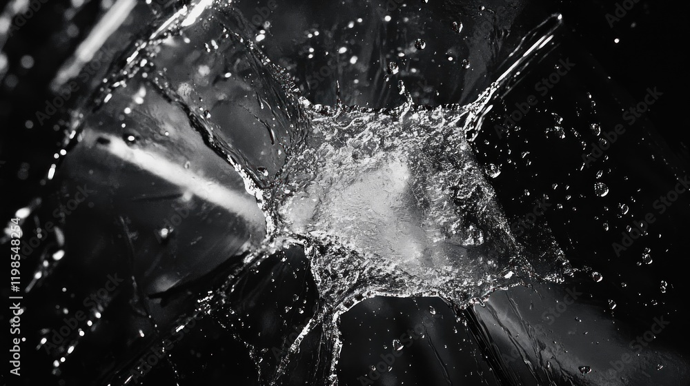 Poster High-speed monochrome photo of water splashing, creating a dynamic, abstract pattern against a black background.