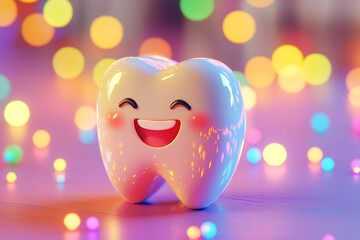 Cute tooth character smiling on a colorful background with bokeh lights, in a cartoon style
