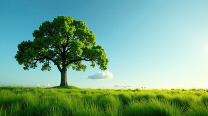 Serene Landscape Featuring a Majestic Oak Tree on a Verdant Meadow Under a Clear Blue Sky