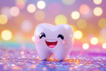 Cute tooth character smiling on a colorful background with bokeh lights, in a cartoon style