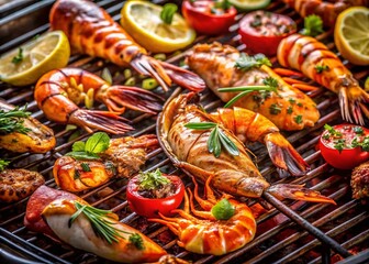 Delicious Grilled Seafood BBQ Feast: Shrimp, Lobster, and Fish on the Grill