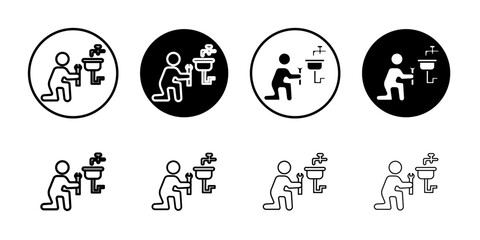 Plumber repairing pipe icon Flat art illustration in outline
