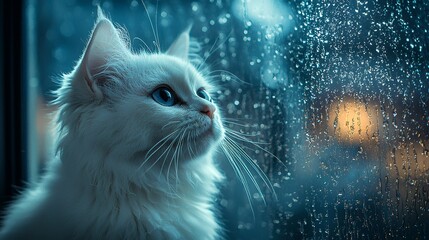 A fluffy white cat with bright blue eyes looks out a rain-streaked window at night.