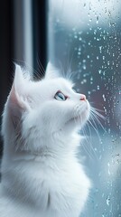 Adorable white kitten looking out a rain-streaked window.