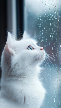 Adorable white kitten looking out a rain-streaked window.