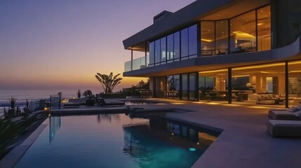 Fototapeta premium Luxury Oceanfront Villa at Sunset: Modern Architecture and Tranquil Views