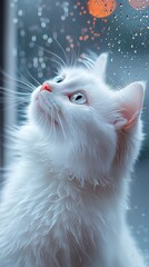 A fluffy white kitten looks up at raindrops on a window, a captivating moment of innocence and wonder.