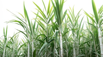 Fototapeta premium Large sugarcane plantation with many tall green leaves and white canes, against a white background 