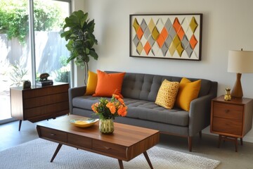 mid-century modern living room, cozy gray sofa with vibrant orange and mustard pillows