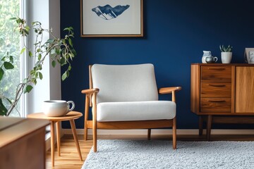 mid-century modern living room wooden furniture blue accent wall minimalistic design