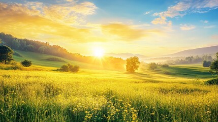 Early morning tranquility golden sunlight over scenic countryside landscape photography