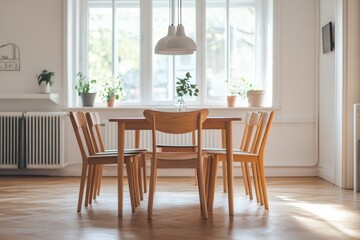 Fototapeta premium Minimalist dining room mid-century modern furniture, wooden chairs