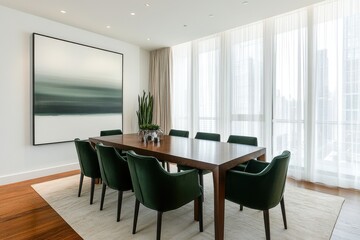 Fototapeta premium Minimalist dining room modern interior design elegant dark green chairs sleek wooden dining table large white canvas on wall