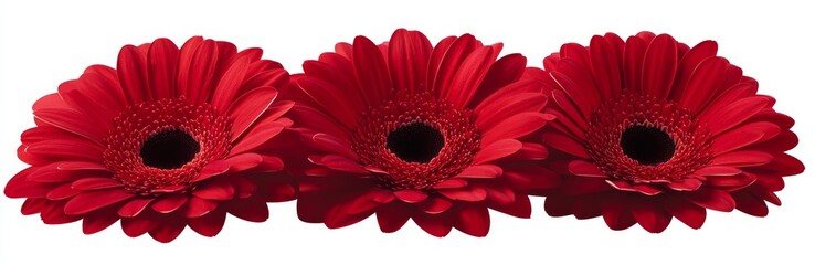 Three red gerbera daisies in a row, isolated on white background.