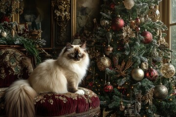 Luxurious Ragdoll cat posed near elegant Christmas tree setting